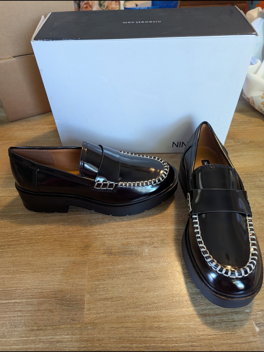 Nine West Black Patent Loafers with Silver Trim